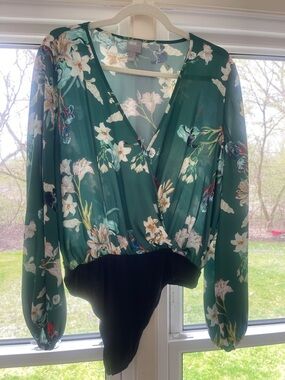 ASOS Green Floral Surplice Long-Sleeve Bodysuit